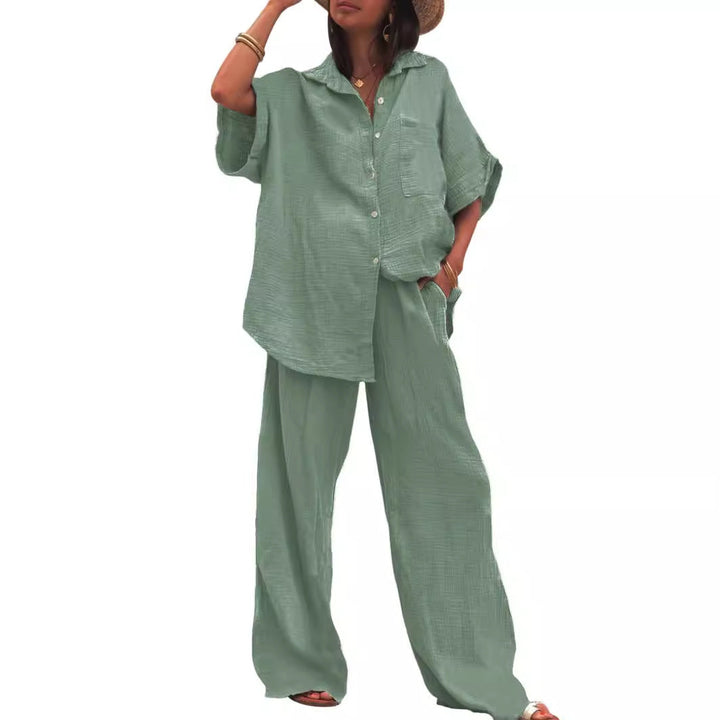 Damen Sommerliches Zweiteiler-Set mit übergroßem Hemd und weiter Hose Drune
