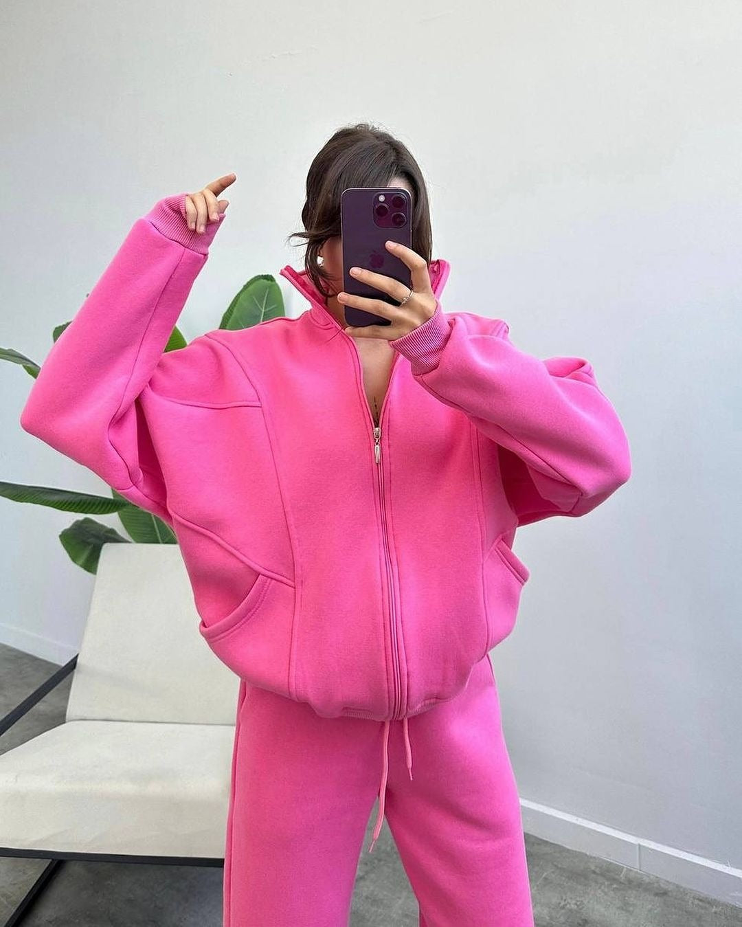 Damen Oversize Fleece-Set mit Reißverschlussjacke und weiten Jogginghosen Drune