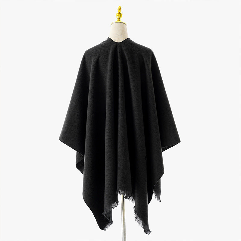 Damen Weichfallender Strick‑Wickelponcho mit Bindegürtel und Fransensaum Drune