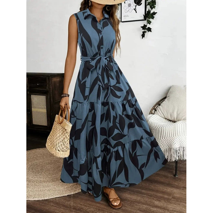 Damen Maxikleid mit geschichtetem Rock und elegantem Taillengürtel Drune