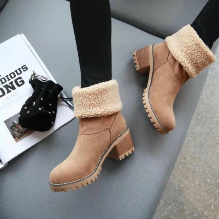 Damen Kurzschaft-Stiefelette mit Teddyfutter, Blockabsatz und Profilsohle Drune