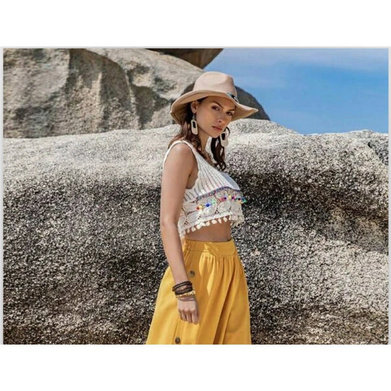 Damen Cropped Top mit buntem Häkelmuster und verspielten Quasten Drune