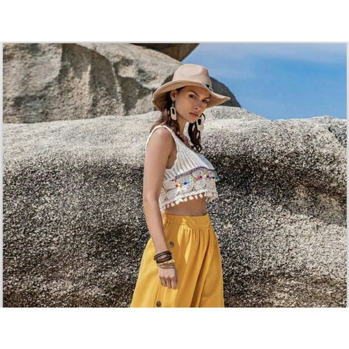 Damen Cropped Top mit buntem Häkelmuster und verspielten Quasten Drune