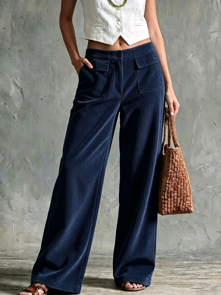 Damen Weite Cord-Palazzohose mit hoher Taille und aufgesetzten Pattentaschen Drune