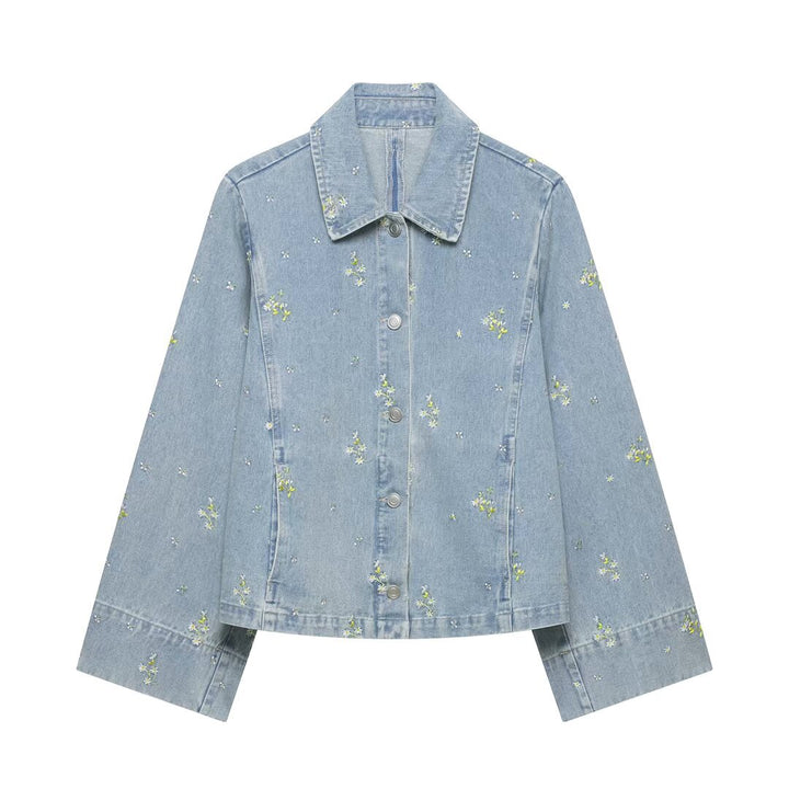 Damen Jeansjacke mit floraler Stickerei und kastiger Silhouette Drune
