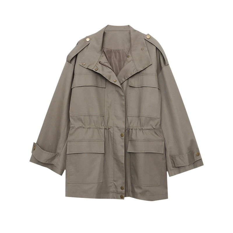 Damen lässige Übergangsjacke mit praktischen Taschen und verstellbarem Hüftzug Drune