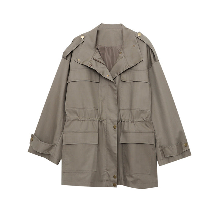 Damen lässige Übergangsjacke mit praktischen Taschen und verstellbarem Hüftzug Drune