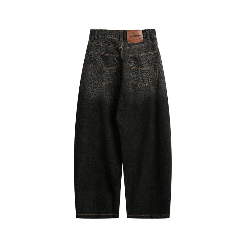Damen Kurzgeschnittene Weite Jeans mit hoher Taille und Leopardenmuster Drune