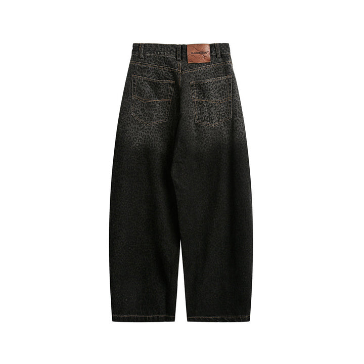 Damen Kurzgeschnittene Weite Jeans mit hoher Taille und Leopardenmuster Drune