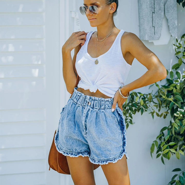 Damen Jeansshorts mit fransigem Saum und elastischem Taillenbund Drune