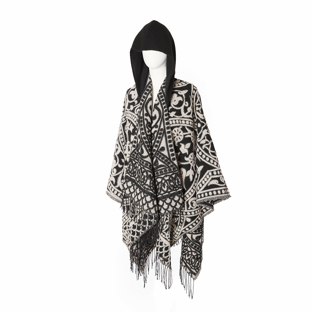 Damen Kapuzen‑Capeponcho aus Wollmix mit Jacquardmuster, Fransen und Oversize‑Fall Drune