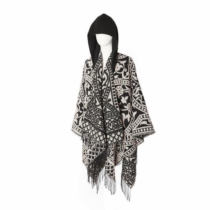 Damen Kapuzen‑Capeponcho aus Wollmix mit Jacquardmuster, Fransen und Oversize‑Fall Drune