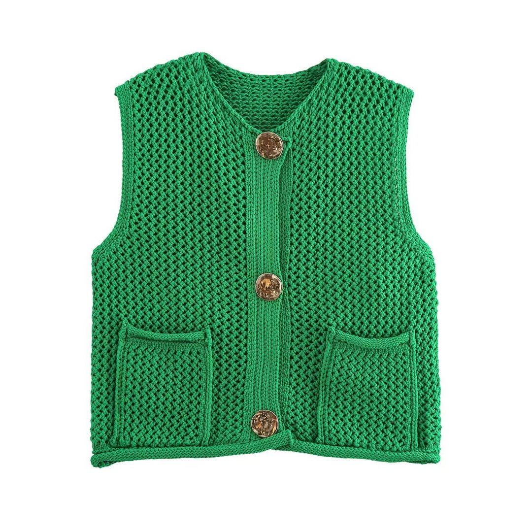 Damen gehäkelte Strickweste mit großen Zierknöpfen und Aufsatztaschen Drune