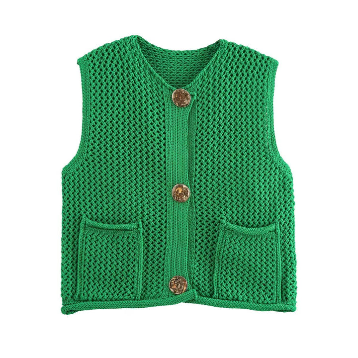 Damen gehäkelte Strickweste mit großen Zierknöpfen und Aufsatztaschen Drune