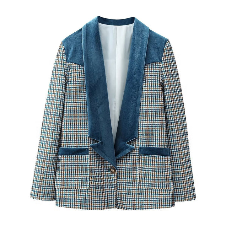 Damen nan Hahnentritt-Blazer mit Samt-Schalkragen und Pattentaschen Drune