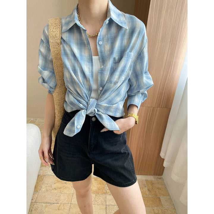 Damen lässige Karobluse mit Knopfdetails und Knotenschluss Drune