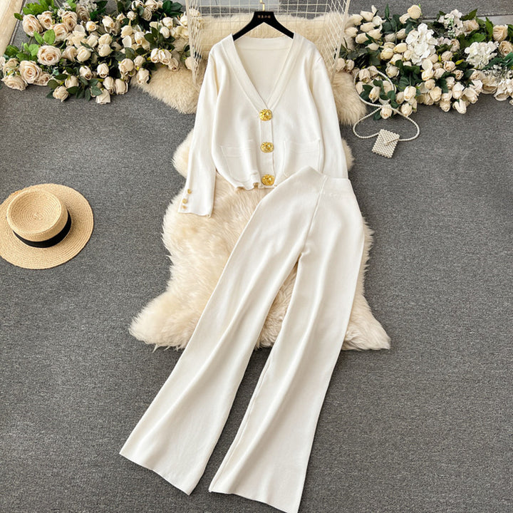 Damen elegantes Strick-Loungewear-Set mit dekorativen Knöpfen und weitem Bein Drune