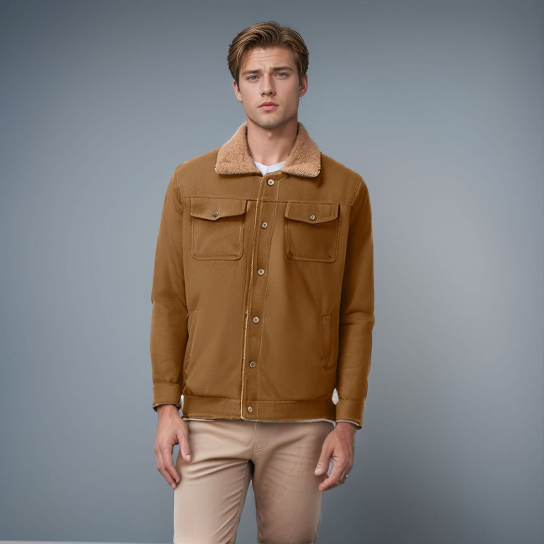 Herren lässige Jacke mit Kunstfellkragen und praktischen Taschen Drune
