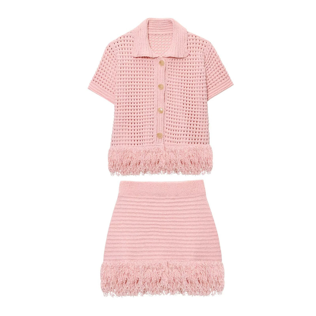 Damen Kurzarm-Strickjacke mit fransigem Saum und dekorativen Knöpfen Drune