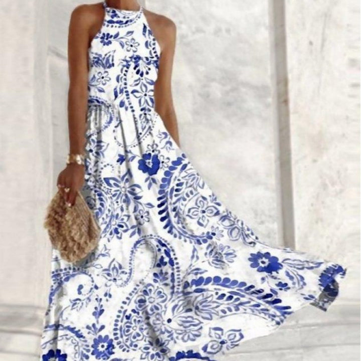Damen Maxikleid mit elegantem Stehkragen und fließendem Rock Drune