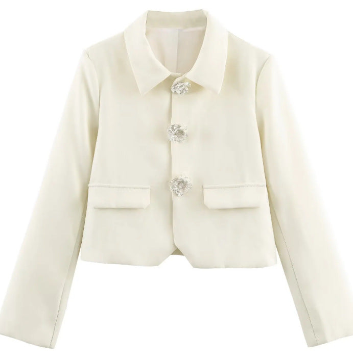 Damen Eleganter Cropped-Blazer mit floralen Strassknöpfen und Pattentaschen Drune