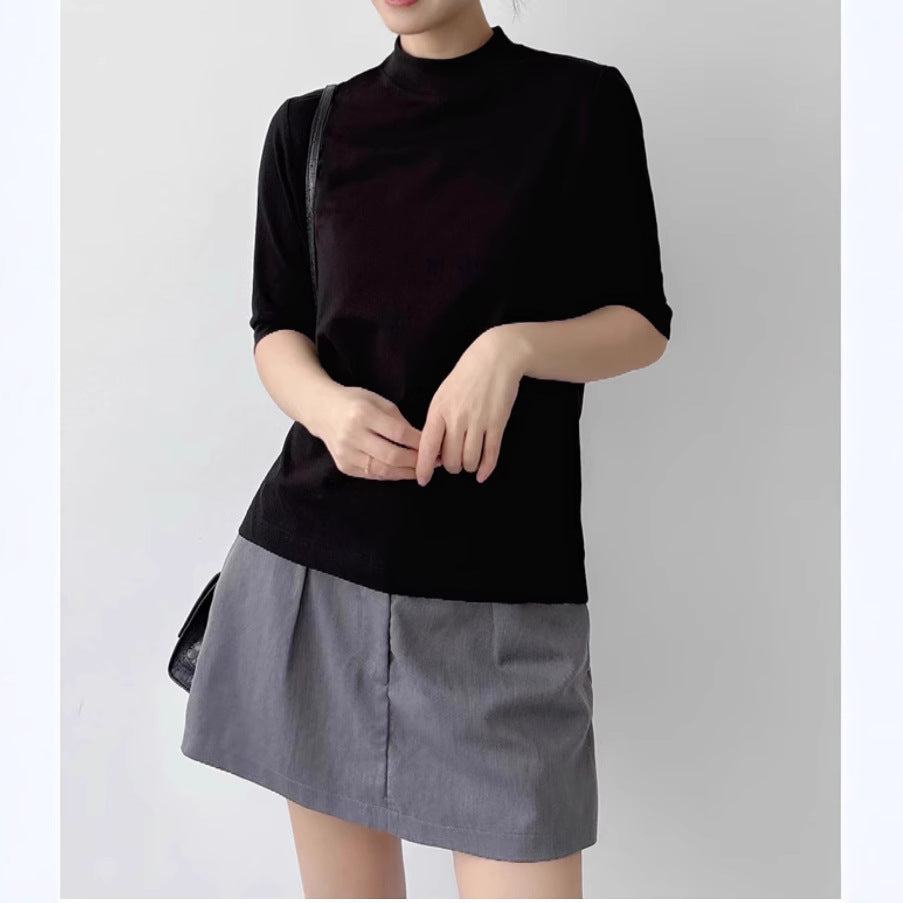 Damen Kurzarm-Top mit Stehkragen und leichter Boxy-Silhouette Drune