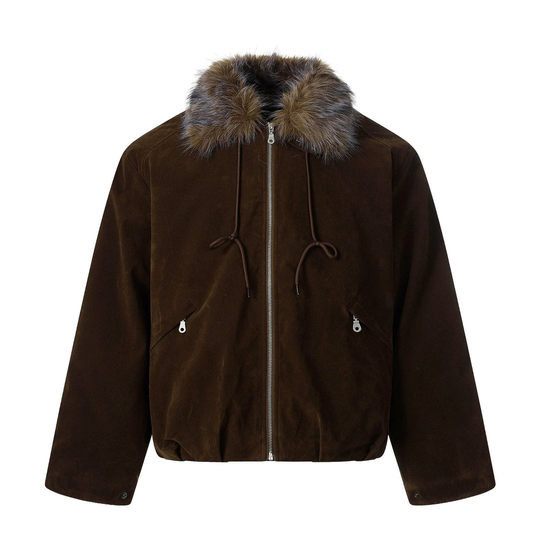 Herren Wildleder‑Bomberjacke mit abnehmbarem Faux‑Fur‑Kragen und Tunnelzug Drune