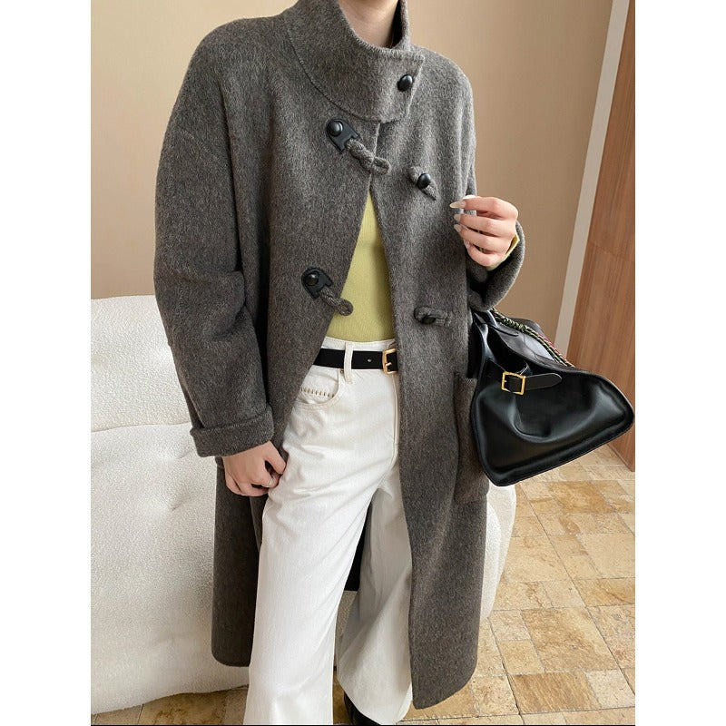 Damen eleganter Wollmantel mit asymmetrischem Kragen und vintage Knopfdetails Drune
