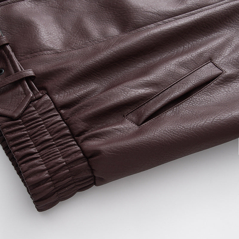 Damen nan oversized Biker-Blouson aus veganer Lederoptik mit asymmetrischem Reißverschluss, breitem Schalkragen und taillenbetonendem Gürtel Drune