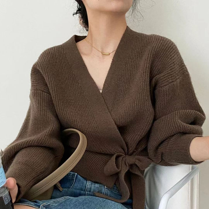 Damen eleganter Wickelpullover mit V-Ausschnitt und Taillenzug Drune