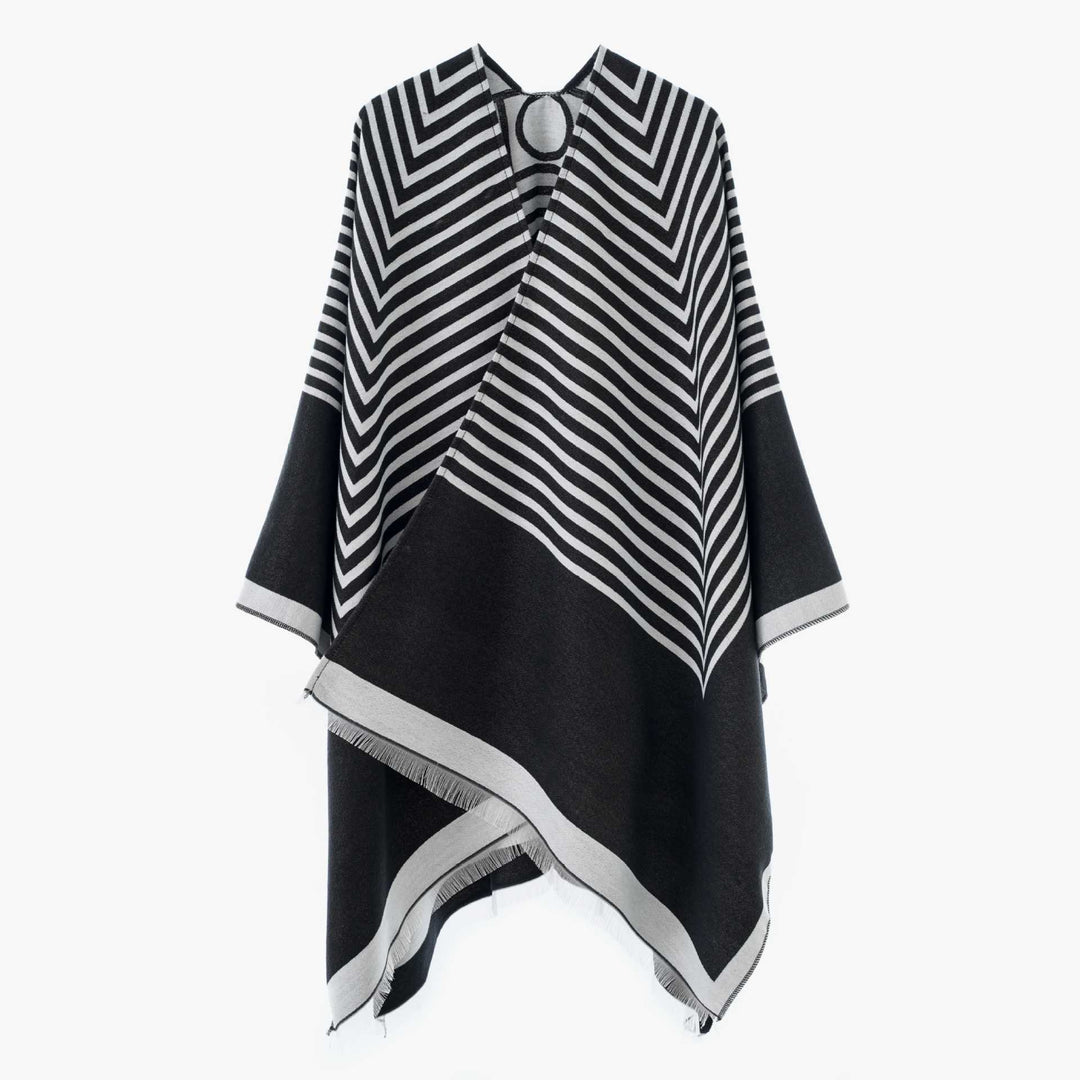 Damen Oversize-Poncho aus Wollmix im Chevron-Jacquard mit offenem V-Ausschnitt Drune