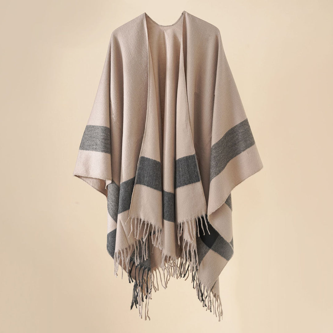 Damen Wollmix-Poncho mit Karomuster und Fransen Drune