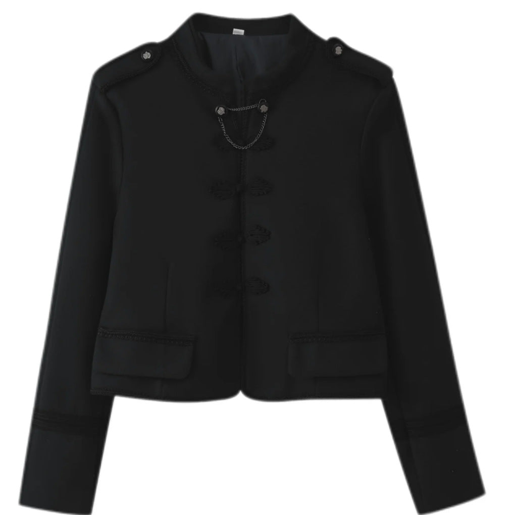 Damen 300+ taillierte Cropped‑Militärblazerjacke mit Stehkragen, Schulterpatten und dekorativen Froschverschlüssen Drune