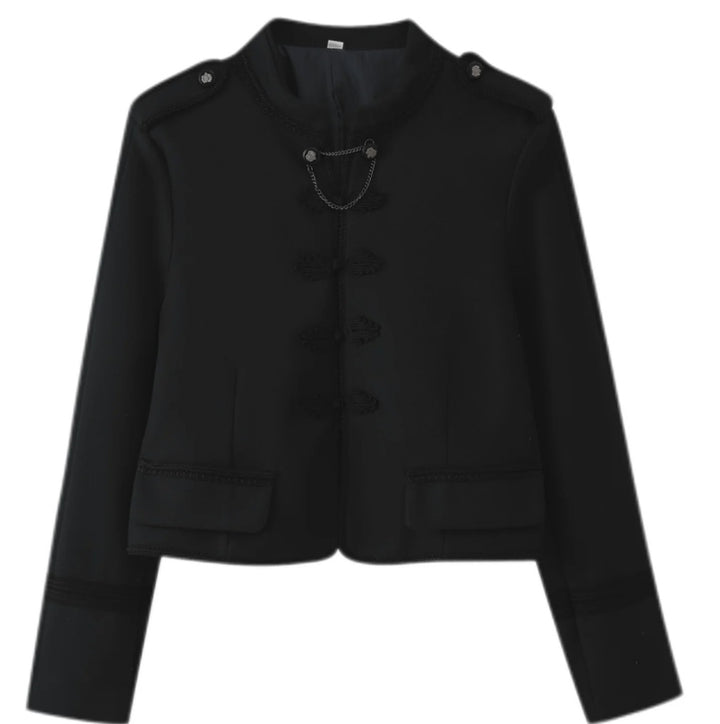 Damen 300+ taillierte Cropped‑Militärblazerjacke mit Stehkragen, Schulterpatten und dekorativen Froschverschlüssen Drune