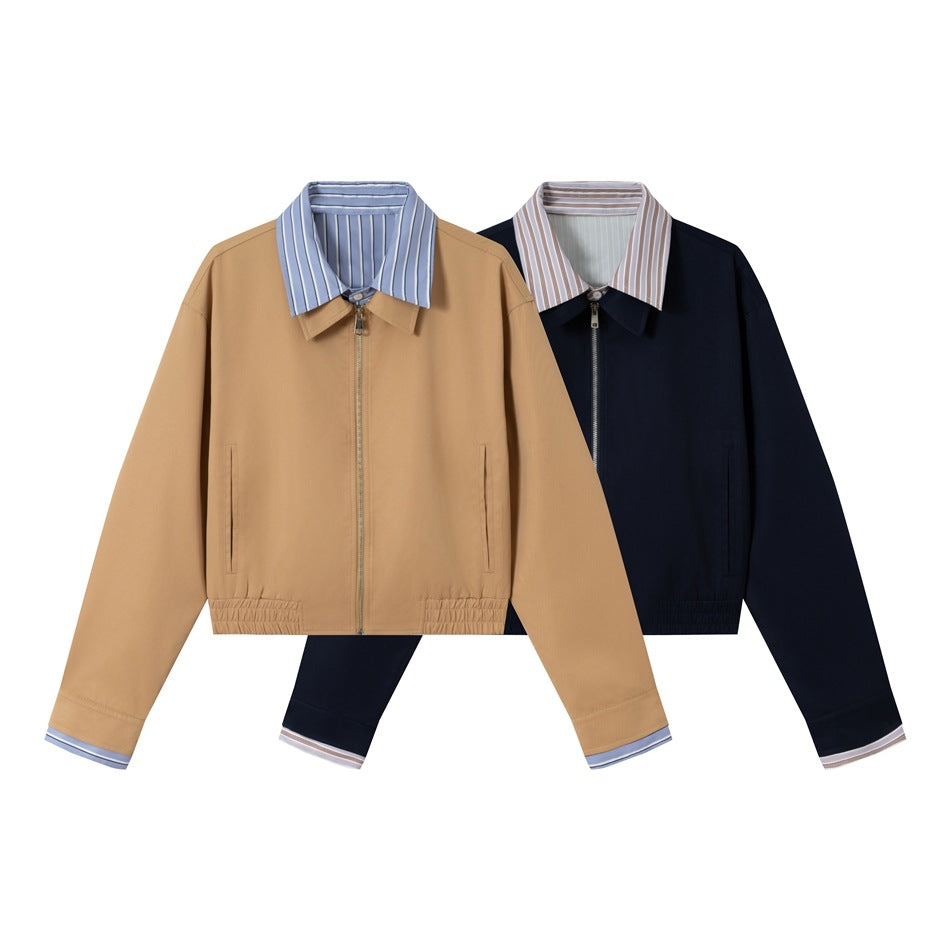 Damen Kurzblouson mit kontrastierendem Hemdkragen, verdecktem Reißverschluss und elastischem Saum Drune