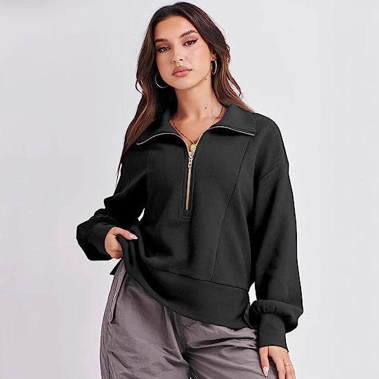 Damen Halb-Zip Kragen Entspannt Sweatshirt Pullover mit Rippbund und -manschetten Drune