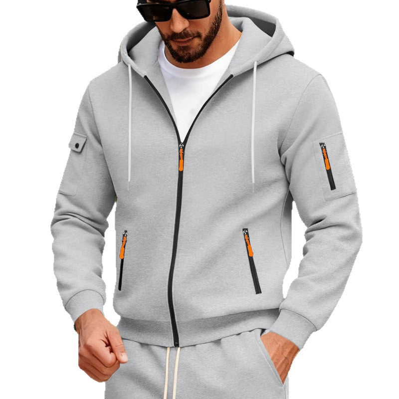 Herren nan Kapuzen-Sweatjacke mit durchgehendem Reißverschluss, mehreren Reißverschlusstaschen und Ärmel-Pocket Drune