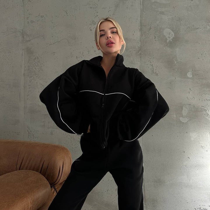 Damen gemütlicher Fleece-Sweatanzug mit hohem Kragen und Reißverschluss Drune