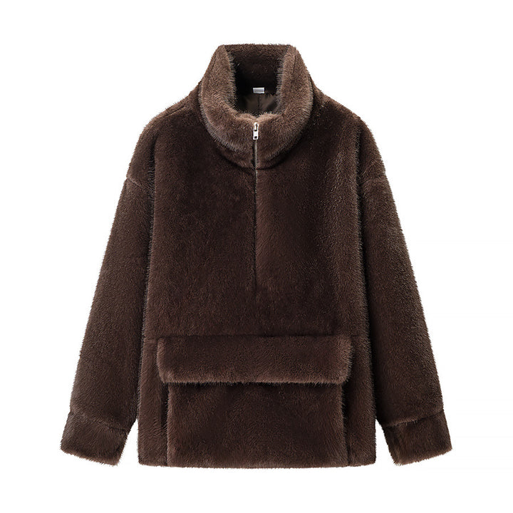 Damen Oversize Teddy-Fleece-Pullover mit halbem Reißverschluss und großer Klappentasche Drune