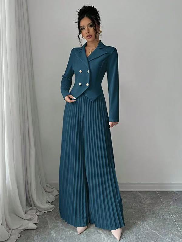 Damen Taillierter Doppelreihiger Blazer und plissierte Palazzo-Hose Drune