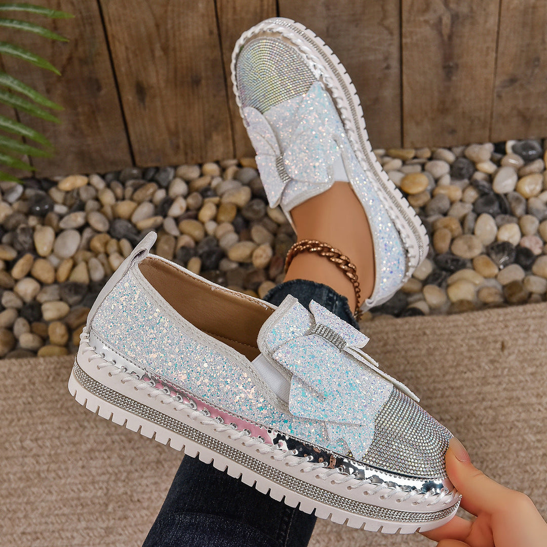 Damen Glitzernde Slip-On Sneakers mit funkelndem Schleifendesign und rutschfester Sohle Drune