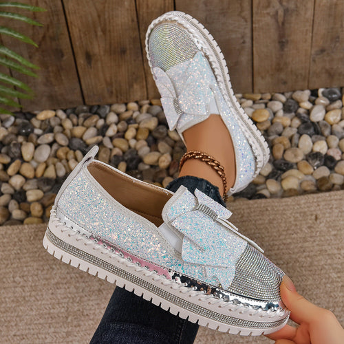 Damen Glitzernde Slip-On Sneakers mit funkelndem Schleifendesign und rutschfester Sohle Drune