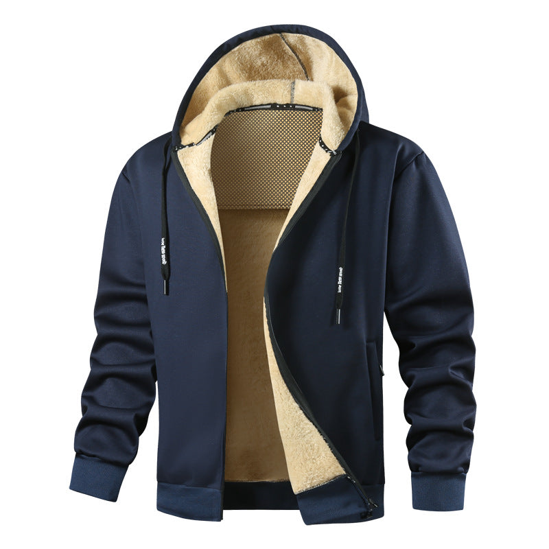 Herren Kapuzen-Sweatjacke mit wärmender Teddy-Innenfütterung, Zwei-Wege-Reißverschluss & gerippten Bündchen Drune