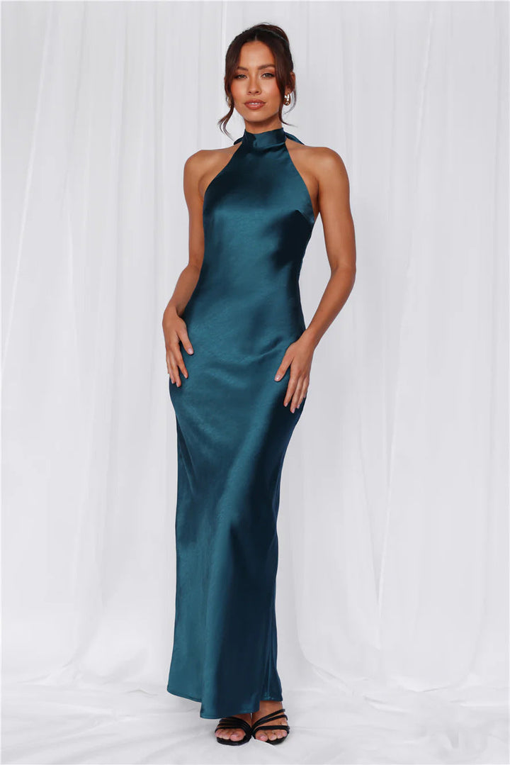 Damen Elegantes Satin-Maxikleid mit hohem Kragen und körpernahem Schnitt Drune