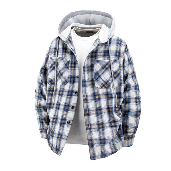 Herren -Layered-Flanell-Overshirt mit angenähter Kapuze und Brusttaschen Drune