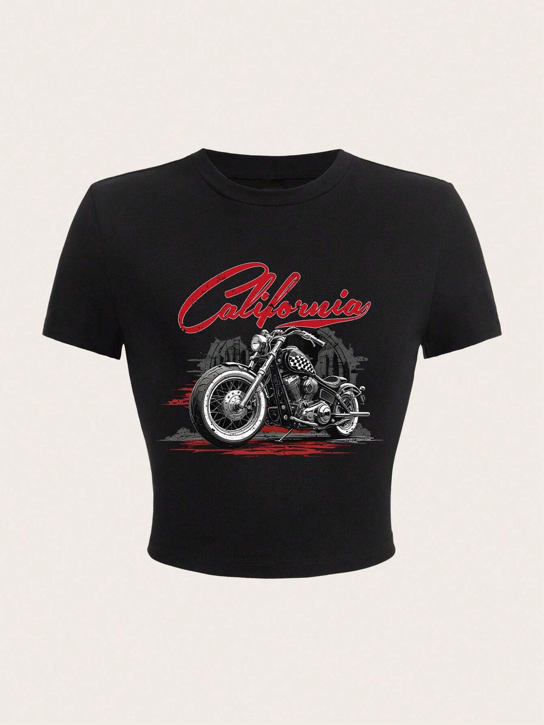 Damen Crop-T-Shirt mit kreativem Motorrad-Design und urbanem California-Aufdruck Drune