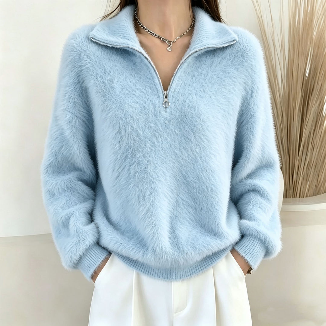 Damen Flauschiger Halbzipp-Pullover mit Stehkragen Drune