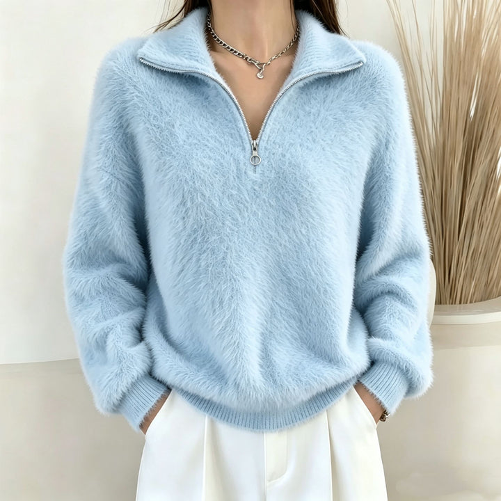 Damen Flauschiger Halbzipp-Pullover mit Stehkragen Drune