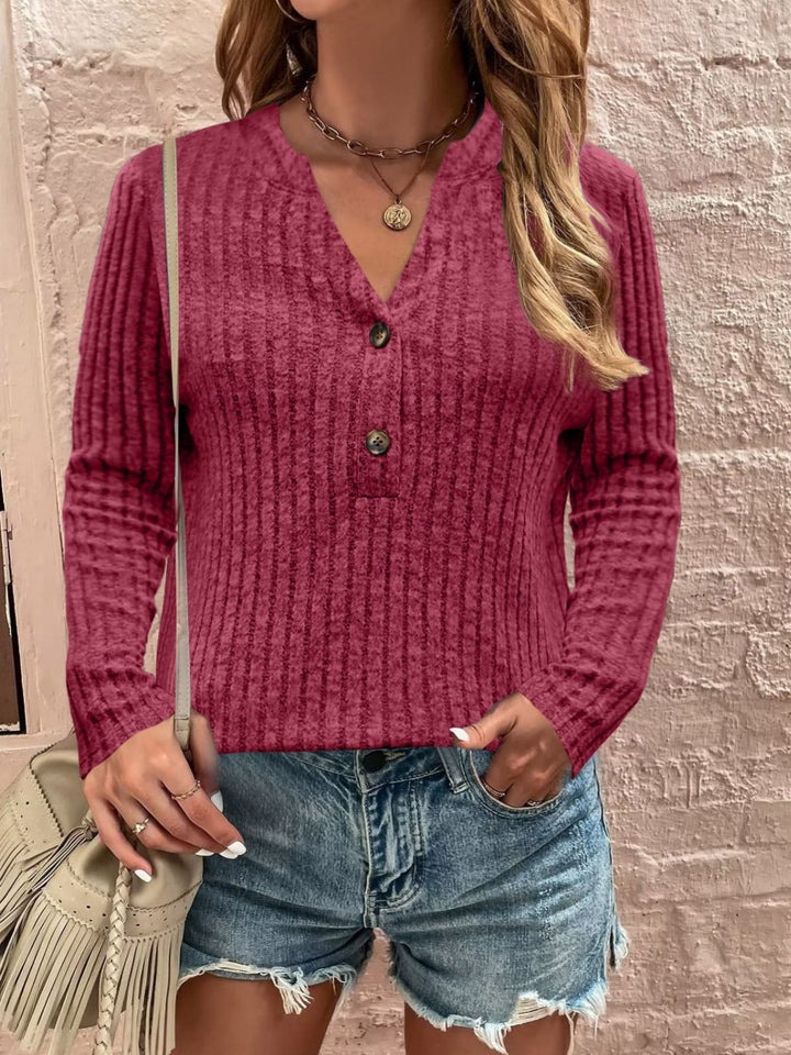 Damen Langarmshirt mit strukturiertem Rippdesign und Knopfdetail Drune