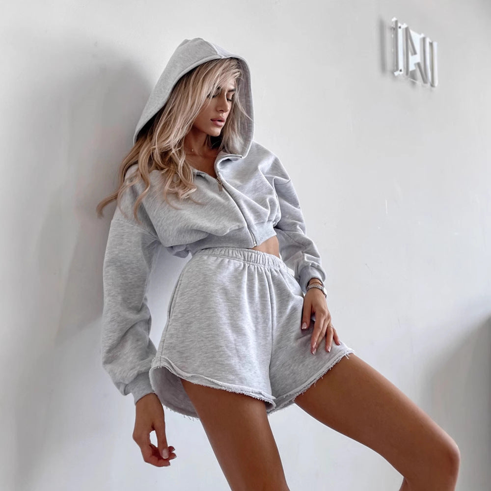 Damen Cropped-Zipper-Kapuzenjacke mit taillenhohen Fransen-Shorts Lounge-Set Drune